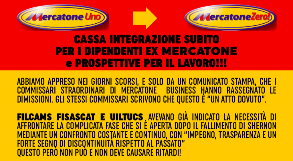 Shernon Holding ex Mercatone Uno, i sindacati sollecitano l’attivazione dell’ammortizzatore sociale e l’apertura del tavolo al Mise sulle prospettive dei lavoratori e dei punti vendita.