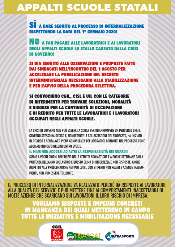 Appalti pulizia scuole, sindacati in campo per la stabilità occupazionale e reddituale dei 16mila ex Lsu e Appalti Storici.