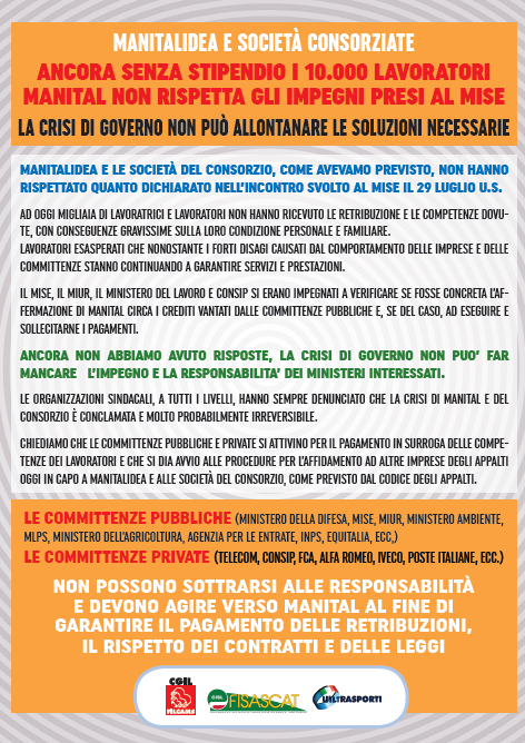 Consorzio Manital, ancora senza stipendio i 10mila addetti. I sindacati denunciano il mancato rispetto degli impegni presi al Mise, la crisi di Governo non allontani le soluzioni