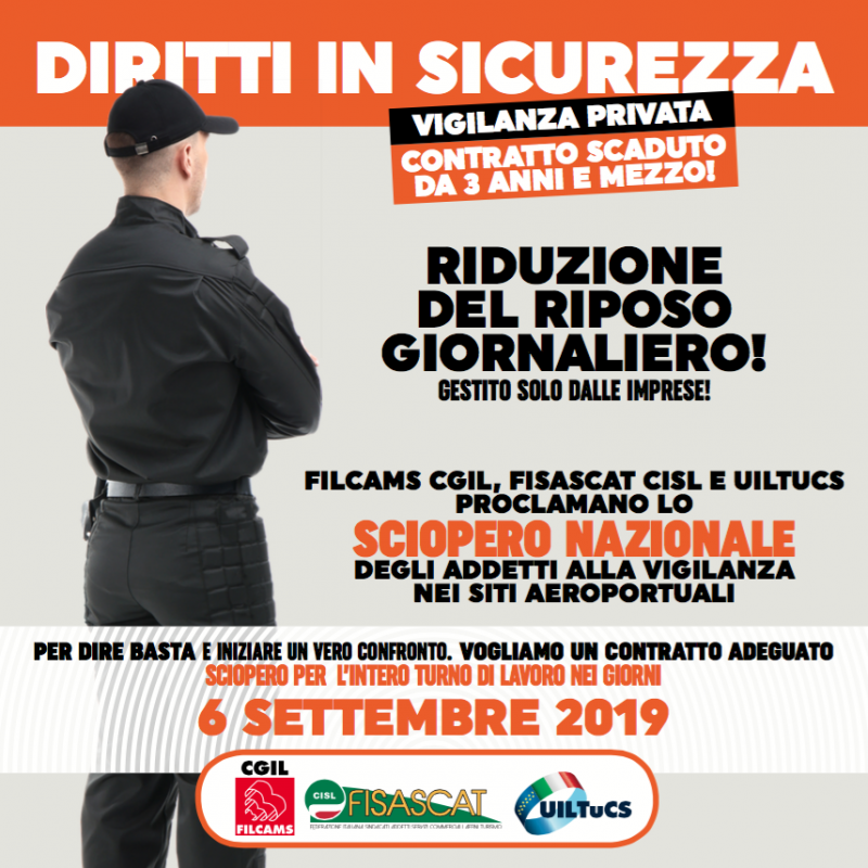 Vigilanza privata e servizi fiduciari, il 6 settembre in sciopero per il contratto gli addetti alla sicurezza nei siti aeroportuali. I sindacati sollecitano un intervento dei Ministeri del Lavoro e dell'Interno