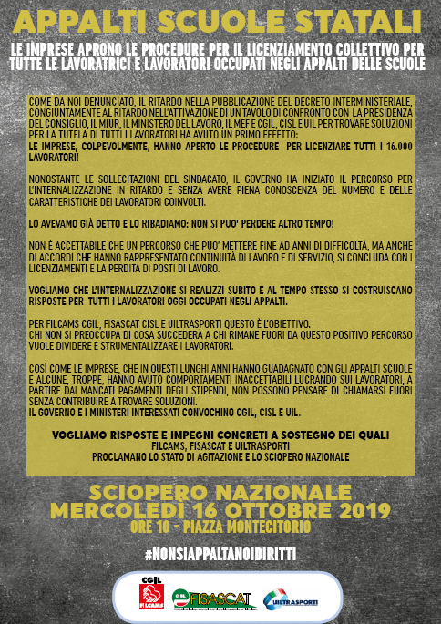 Appalti pulizia scuole, il 16 ottobre in sciopero i 16mila Ex Lsu e Appalti storici in attesa dell’avvio del processo di internalizzazione. A Roma la mobilitazione promossa dai sindacati in piazza Monte Citorio