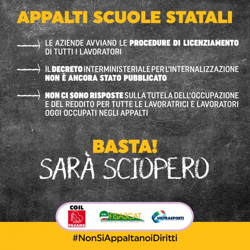Appalti pulizia scuole, in attesa del Decreto Interministeriale sulla internalizzazione del servizio le imprese licenziano migliaia di lavoratori. I sindacati pronti allo sciopero e alla mobilitazione