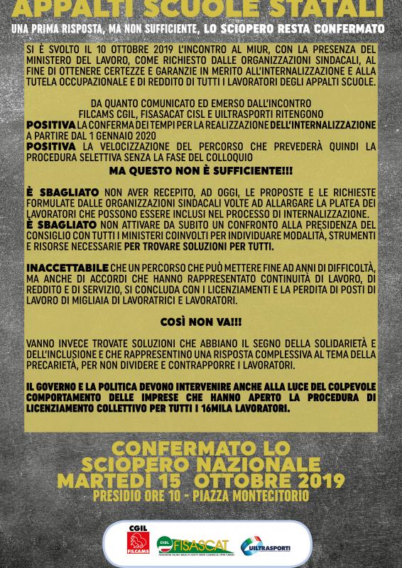 Appalti pulizia scuole, sindacati al Miur. Confermato lo sciopero del 15 ottobre. A Roma la manifestazione nazionale unitaria
