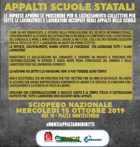 Appalti pulizia scuole, sindacati convocati al Miur il 10 ottobre. Fronte compatto vs i licenziamenti, confermato lo sciopero del 15 ottobre