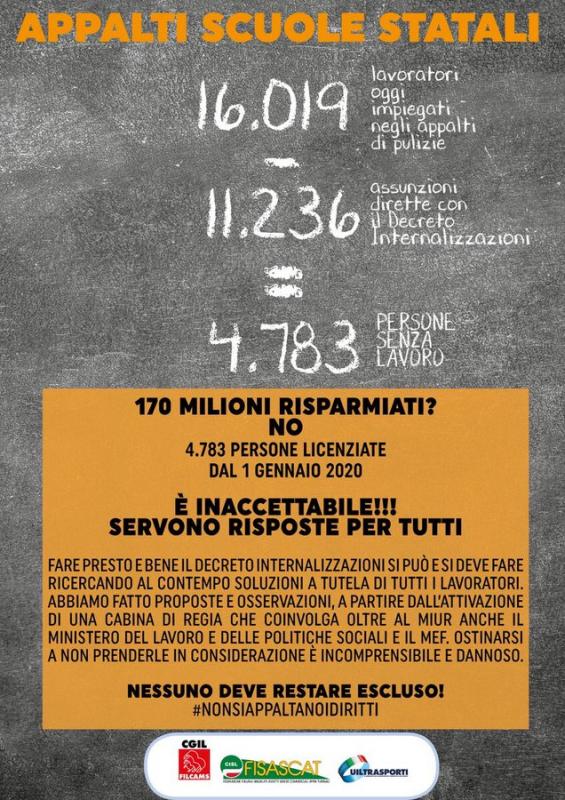 Appalti pulizia scuole, dal 1° gennaio 2020 al via l’internalizzazione del servizio. Fronte sindacale compatto. Necessarie risposte per tutti, la bozza di decreto interministeriale mette a rischio 5mila lavoratrici e lavoratori
