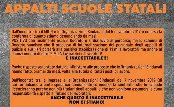Appalti scuole statali: inaccettabile il licenziamento di 5000 lavoratori