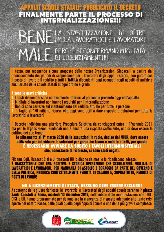 Appalti scuole statali: il Miur ha pubblicato l'atteso Decreto Ministeriale sul processo di internalizzazione. I sindacati scendono in campo, domani in piazza con Cgil Cisl Uil