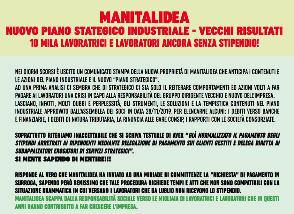 Manitalidea: 10 mila lavoratrici e lavoratori ancora senza stipendio. Martedì 10 dicembre a Roma, in piazza Santi Apostoli per le iniziative di mobilitazione di Cgil, Cisl E Uil