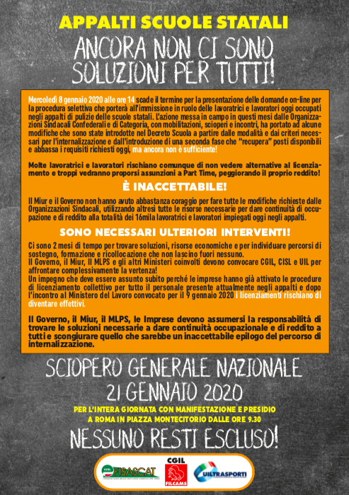 Appalti scuole statali: ancora non ci sono soluzioni per tutti. Sciopero nazionale il 21 gennaio