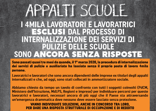 Appalti pulizia scuole, fronte sindacale compatto: si individuino soluzioni per dare una prospettiva occupazionale ai 4mila lavoratori esclusi dal processo di internalizzazione del servizio