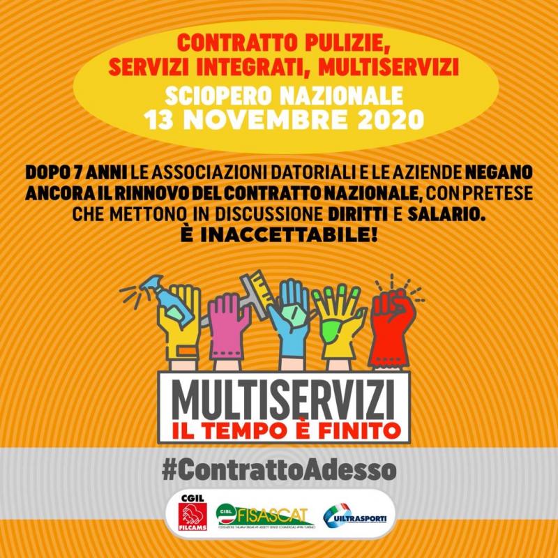 Imprese pulizia servizi integrati multiservizi, il 13 novembre in sciopero i 600mila addetti. Nessuna ripresa dei negoziati per il rinnovo del contratto nazionale scaduto da oltre 7 anni, dalle associazioni imprenditoriali solo parole false