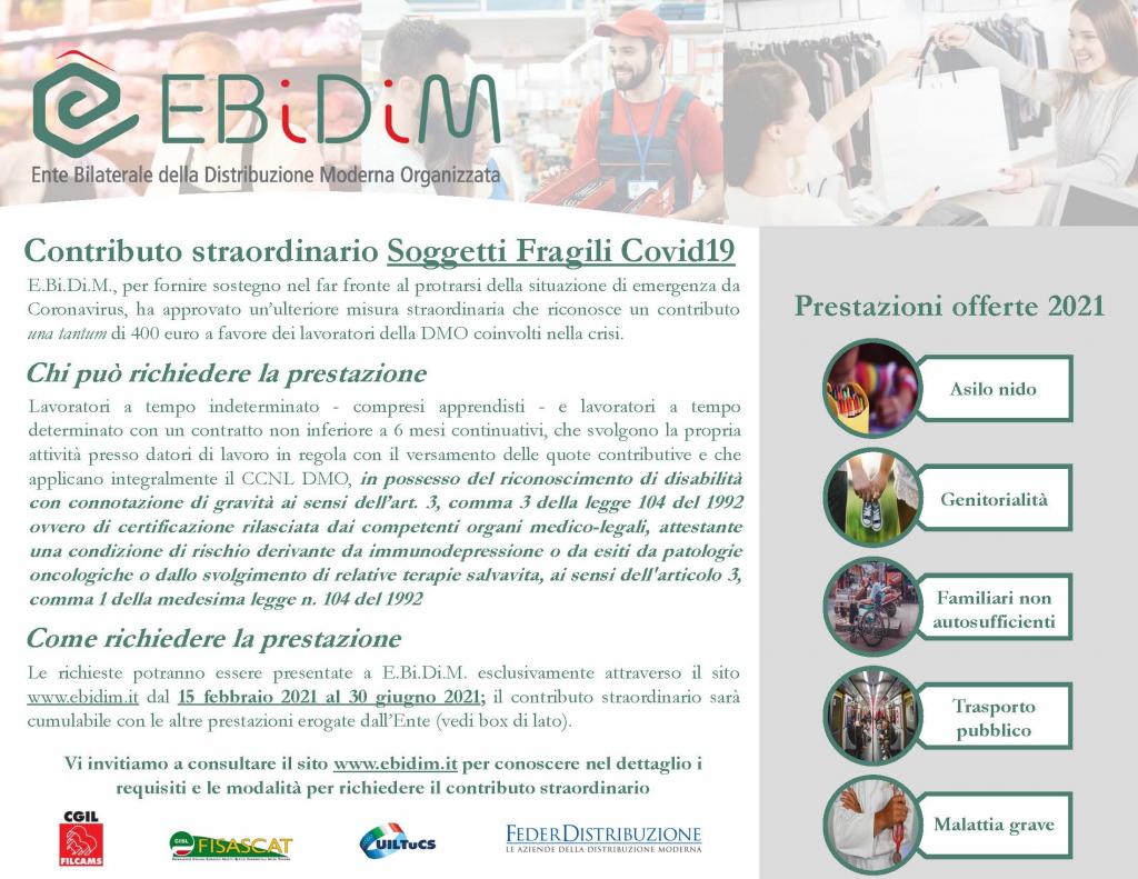 Distribuzione Moderna Organizzata, l’ente bilaterale Ebidim approva il contributo straordinario per i soggetti fragili colpiti dal Covid-19. Guarini: «Bilateralità si afferma come punto di riferimento certo per i lavoratori»
