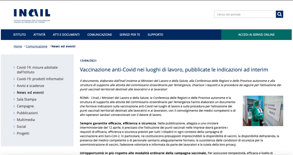 Covid-19, dopo il Protocollo Governo Parti Sociali arrivano le prime indicazioni Inail per i vaccini nei luoghi di lavoro